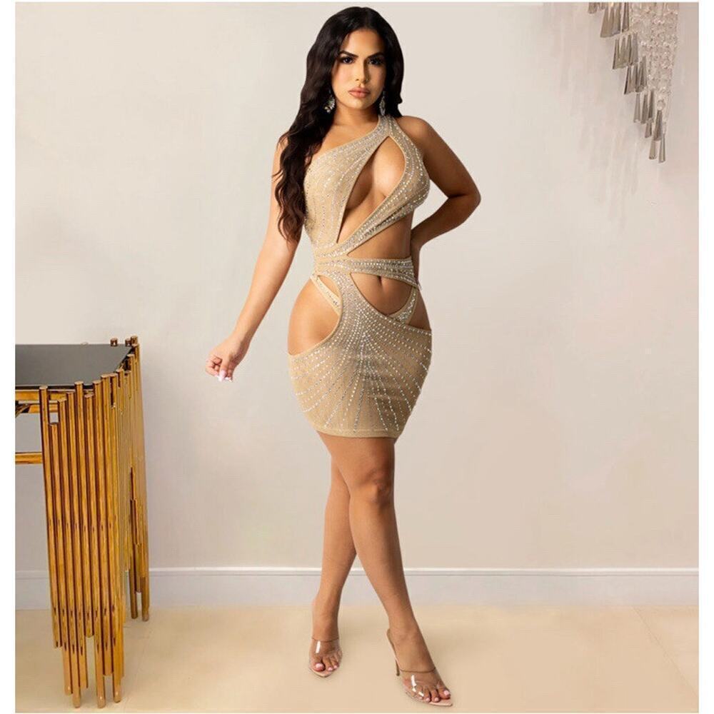🦋B2G1🦋WESTERN FASHION One-Shoulder Rhinestone Mesh Hollow Out Mini Dress & Panty